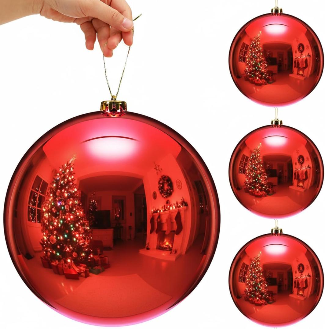 Zubebe 4 Pcs Extra Large Christmas Ball Ornaments 8'' (200 Mm) Giant Oversized Plastic Xmas Ball Big Hanging Christmas Tree Ornaments for Holiday Party Outdoor Decor (Shiny Red)
