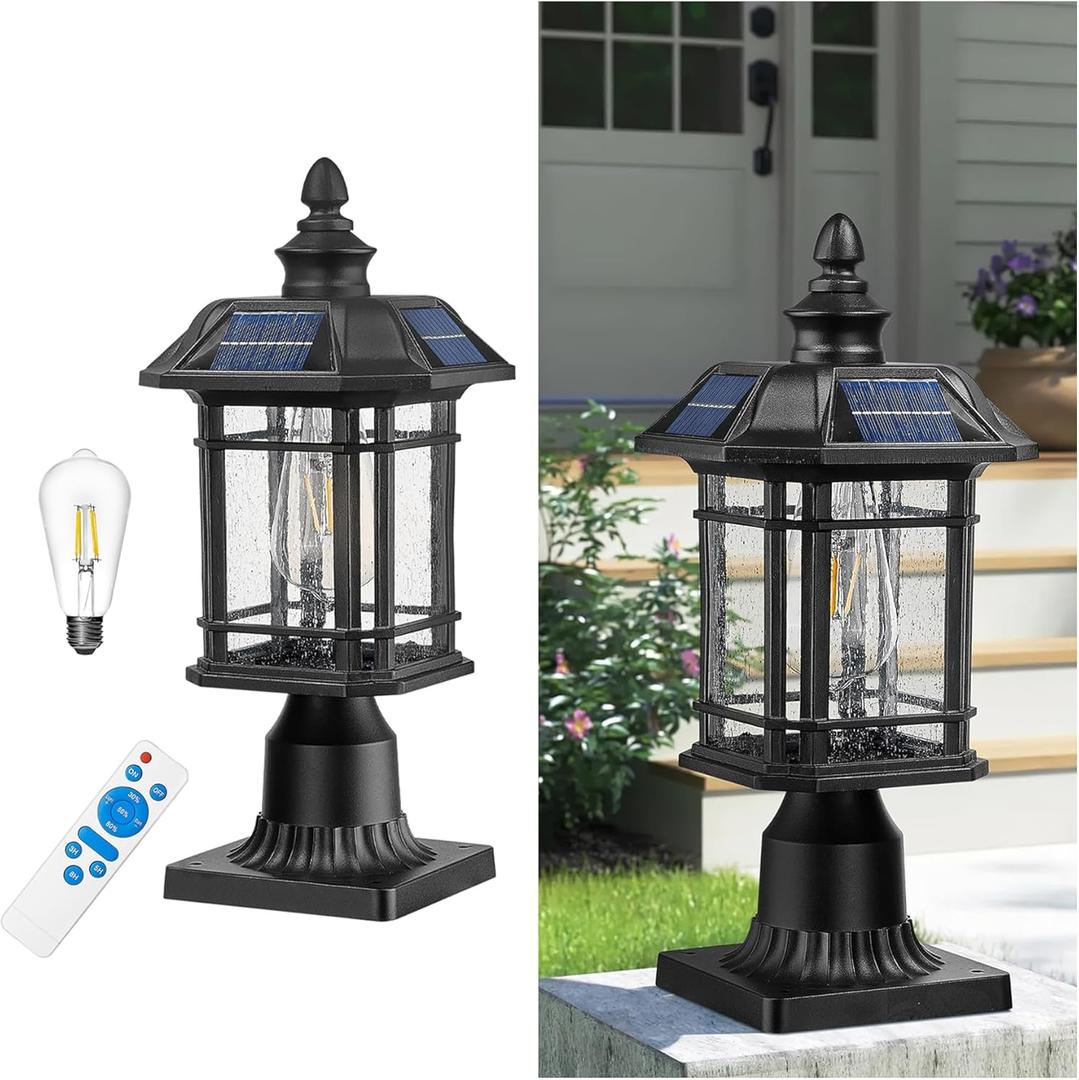 Emliviar 16 Inch Outdoor Solar Post Light, Dusk to Dawn Pier Mount Lamp Post Light with Remote Control, Black Finish with Seeded Glass Shade, A2202110P1-SL BK
