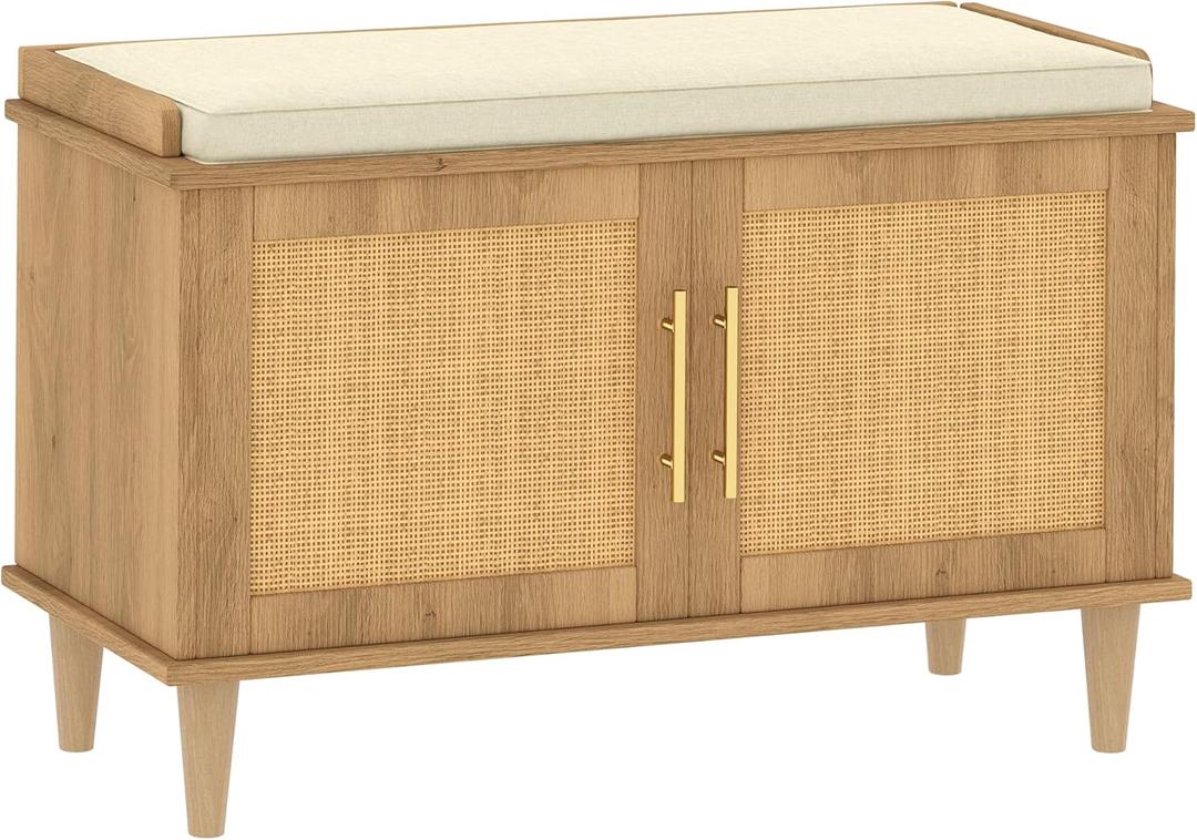 Rattan Shoe Storage Bench with Cushion, 2-Tier Entryway Bench with Adjustable Shelves and 2 Doors, 15" D x 31.5" W x 20" H, Solid Wood Legs, for Hallway, Living Room, Bedroom, Natural Oak