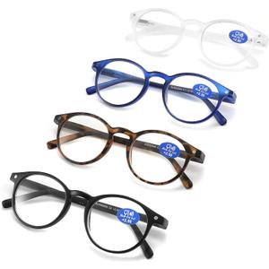 Reading Glasses Blue Light Blocking - Spring Hinges Round Eyeglasses for Men Women,4 Pairs Mix Color Anti Glare Filter Lightweight Readers with Pouches (4 Pairs Mix Color, 3.00)