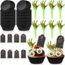 Meanplan 48 Sets Halloween Zombie Hands Cake Decorations Skeleton Hands Cupcake Toppers Black Cupcake Liners Tombstones Graveyard Cake Picks for Zombie Birthday Spooky Halloween Party Decorations