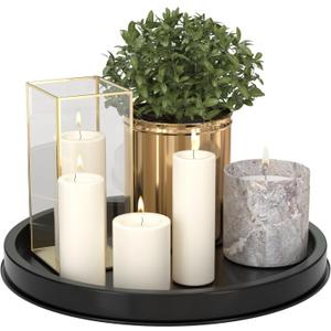 HGF Decorative Tray for Coffee Table, 12 Inch Lightweight Metal Round Serving Trays for Kitchen Counter Organizer Dining Table Centerpiece for Display Candle Vase, Black Round Tray for Bathroom Decor