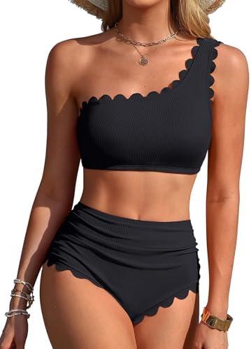 Charmo Womens One Shoulder Bikini Sets High Waisted Tummy Control Bathing Suits Ribbed Scalloped Two Piece Swimsuit 2026,Size M