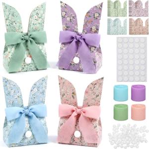 Resurhang 36 Set Easter Bunny Party Favor Bags DIY Bunny Gift Boxes Spring Flower Gift Bags with Bow Rabbit Ears Paper Treat Goodie Candy Box Bulk for Easter Spring Party Supplies (Blue, Green, Pink, Purple)