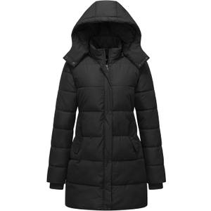GGleaf Women's Winter Thicken Puffer Coat Warm Snow Jacket with Removable Hood Fashions Long Jacket (Medium, Black)