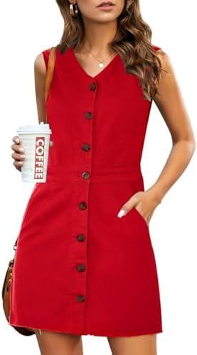 luvamia Women's Casual V Neck Sleeveless Jeans Button Down Denim Short Dress (L, Red)
