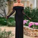 KUTUMAI Women Off Shoulder Bodycon Maxi Dress Long Sleeve Mesh Ruched Party Formal Wedding Guest Dresses (Black) L