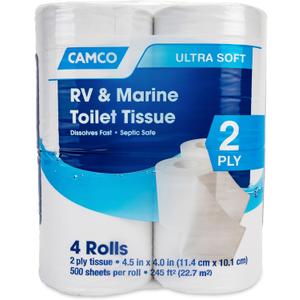 Camco Marine & RV Toilet Paper  2-Ply  Septic Safe  Dissolves Fast  Dye & Fragrance Free  4-Rolls (500 Sheets Per Roll) (40274)
