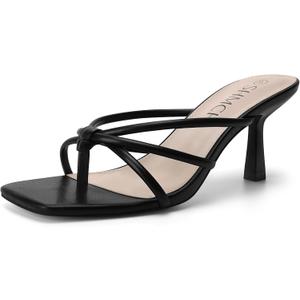 Womens Kitten Heel Sandals, Square Toe Strappy Thong Slip On Heels, Mule Heels Open Toe Dressy Summer Sandals (Black) SIze 10