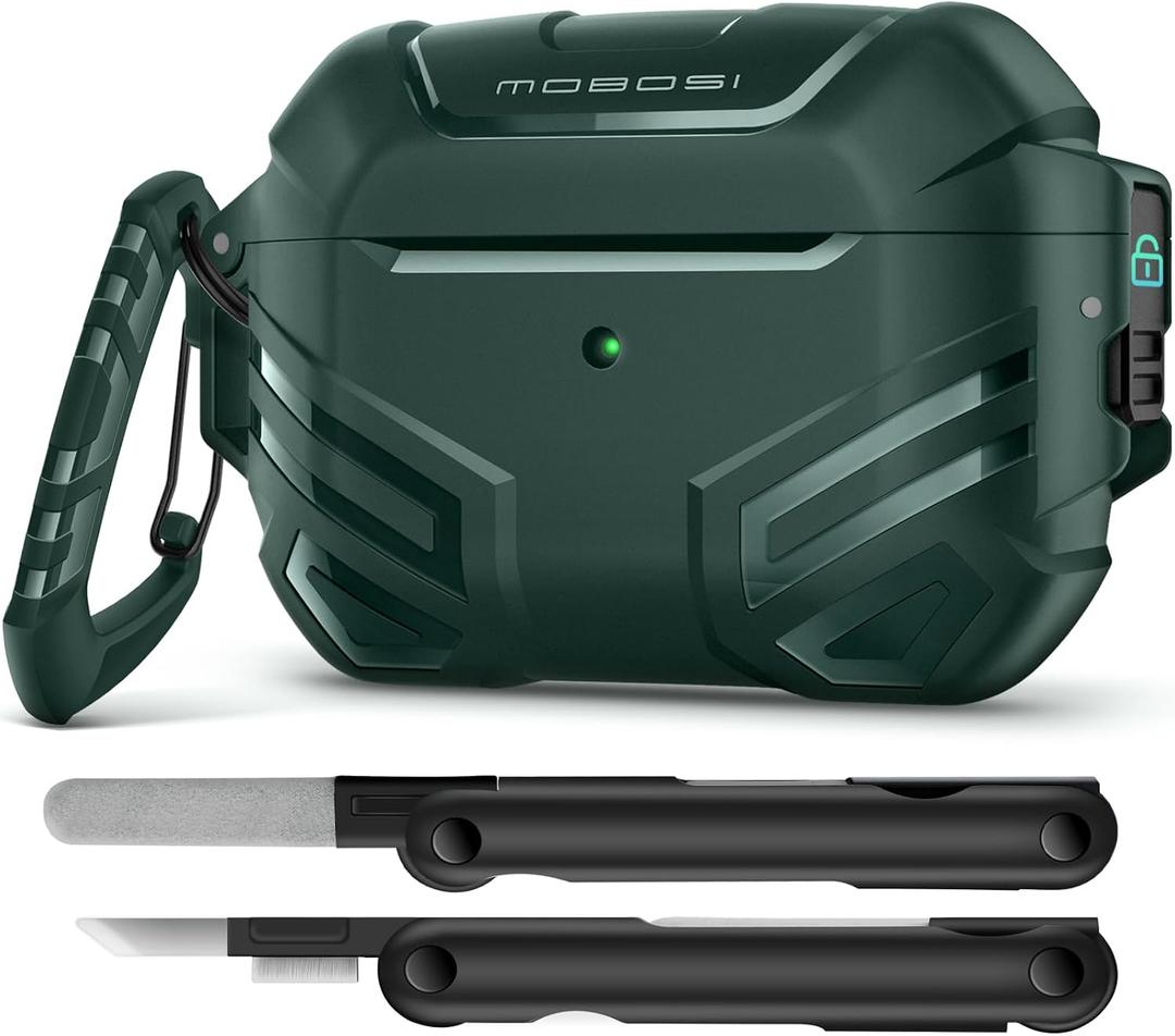 MOBOSI for AirPods Pro 2 Case with Lock, Compatible with AirPod 2nd Gen Cover [Fit for MagSafe], Military Grade Hard Shell for iPods Pro2 with Cleaner Kit & Keychain for Men(2023), Green
