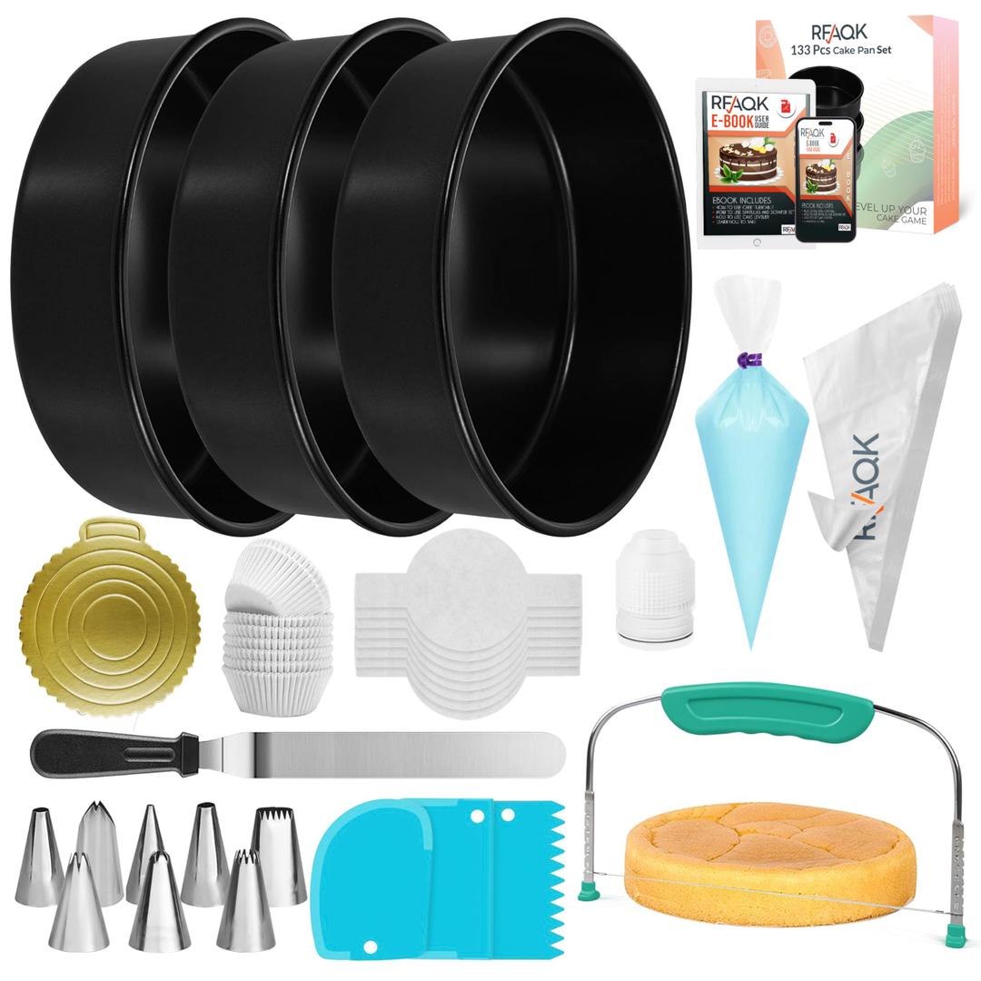 RFAQK 133PCs Round Cake Pans Sets for Baking + Cake Decorating Kit with NonStick 8 Inch Cake Pan Set of 3 -Icing Tips,Cake Leveler,Spatula, Multifunctional Cake Pan, Baking Supplies Gift & eBook