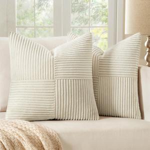 MIULEE Beige Decorative Throw Pillow Covers 20x20 Inch for Couch Bed Sofa Pack of 2 Boho Neutral Farmhouse Throw Pillows Soft Cross Corduroy Patchwork Textured Cushion Cases
