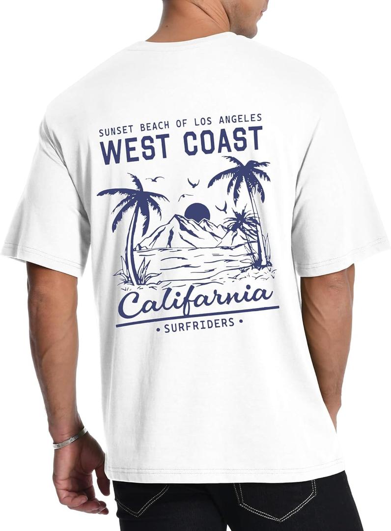 Mens Graphic T-Shirts Short Sleeve WEST Coast Palm Tree Print Summer Top 100% Cotton Casual California Tees for Men (Medium)