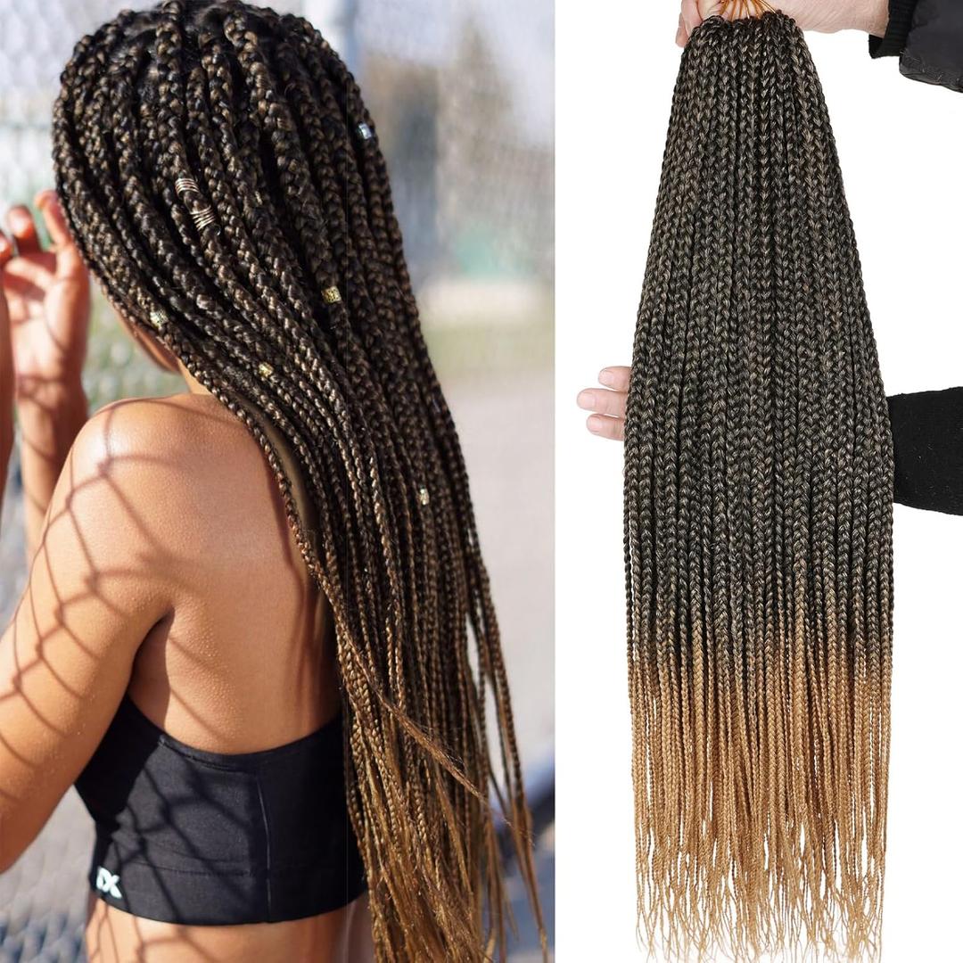 24 Inch Box Braids Crochet Hair 144 Strands Pre-looped 3X Braids 8 Packs Hair Extensions Black Strawberry Blonde Synthetic Crochet Hair for Woman (T27#)