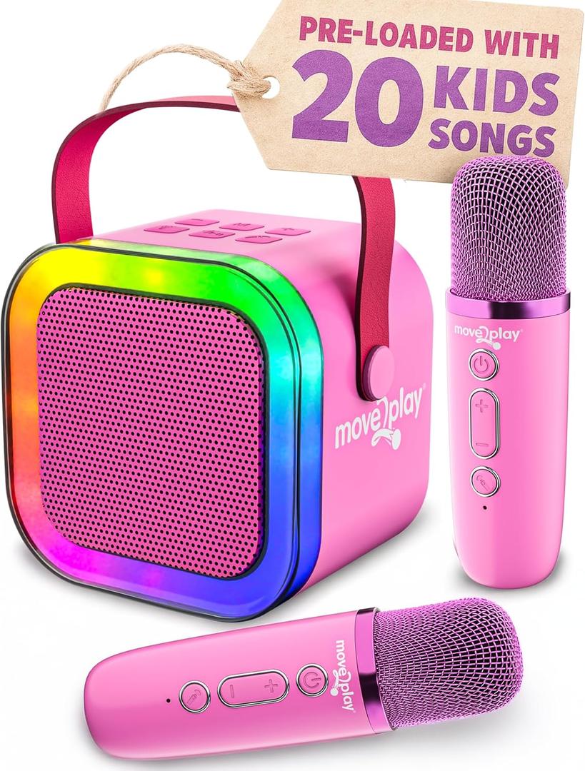 Move2Play, Karaoke Machine for Kids | Includes 20+ Kid Songs | 2 Microphones | Connect with Bluetooth | 3, 4, 5, 6, 7+ Year Old Gift | Toy for Girls, Boys, & Toddler | Birthday Present (Pink Pop)