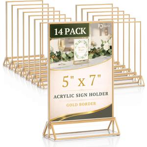 Daofary Acrylic Sign Holder 5x7, 14 Pack Double Sided Clear Gold Frame Tabletop Display, Menu Flyer Table Number Holder for Wedding Reception and Restaurant Tables