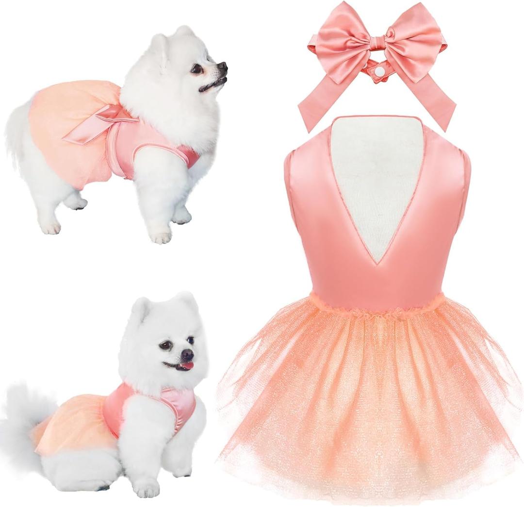 Summer Girl Dog Dress, Dog Silk Tulle Dress, Cute Princess Dogs Dresses with Bow, Lace Pet Birthday Party Outfit Puppy Tutu for Small Dogs, Fancy Puppy Clothes for Chihuahua Teacup Yorkie (Medium, Pink)
