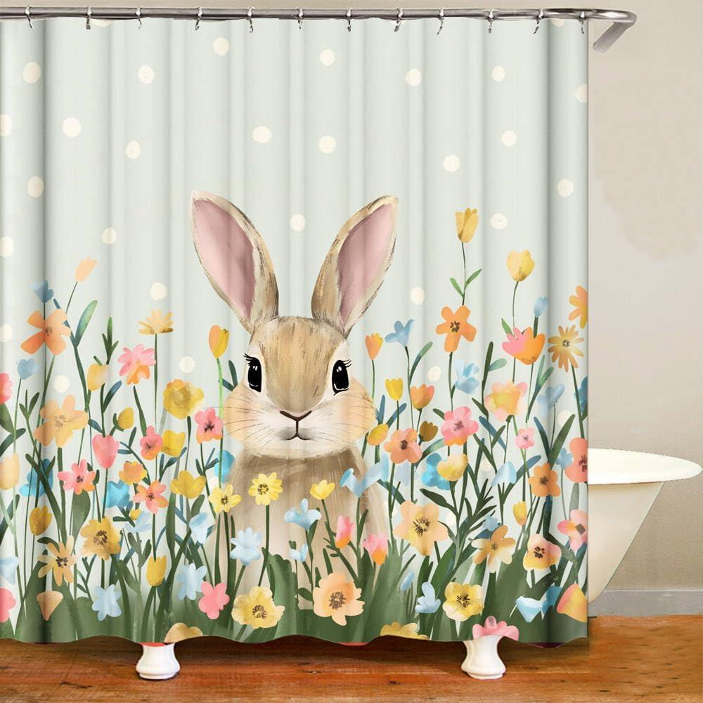Easter Shower Curtain Rabbit Floral Shower Curtain Bathroom Decor Waterproof Fabric 72 x 72 Inches with 12 Hooks