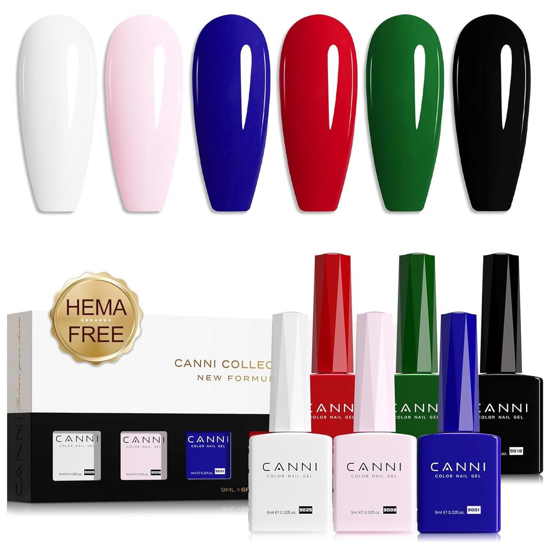 CANNI Gel Nail Polish Set – 6 Classic Colors (White, Pink, Blue, Red, Green, Black), HEMA-Free, Soak-Off UV LED Gel, Long Lasting for DIY Manicure & Nail Art at Home or Salon