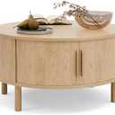 Coffee Table for Living Room, Modern Round Coffee Table with Cabinets & Sliding Doors, Home Small Space, 29.9" Fluted Center Table, Natual (Oak_lsj031-n)