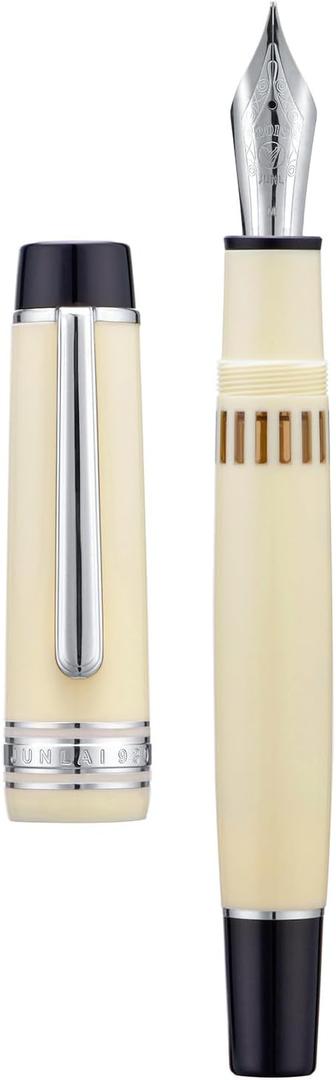 Wikult Yongsheng Junlai 930 Acrylic Fountain Pen, Size 9 Fine Nib with Piston Filling System, Ivory White Fence Ink Tank with Flat Top Design Smooth Writing Pen (Silver Trim)