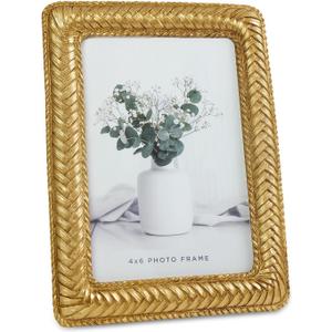 Cuspin Gold 4x6 Picture Frame, Ornate Decorative Rattan Resin Photo Frame, Gold Frames Braided Design for Tabletop Display or Wall Hanging, Elegant Home Decor