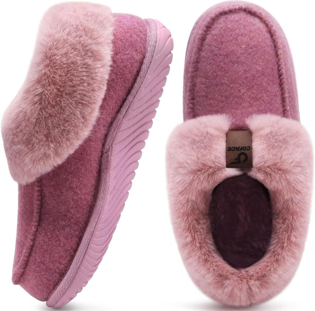 COFACE Women's Memory Foam House Slippers Arch Support Moccasin Winter Shoes Ladies Warm Fuzzy Faux Fur Collar With Indoor Outdoor Rubber Sole (8.5, Pink)