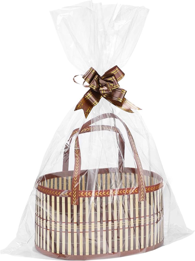6 Set Easter Bamboo Baskets for Gifts Empty - 6"x7.5"x11.4" Large Easy to Setup Sturdy Gift Wrapping Basket with 2 Clear Bags and Bows, for Graduation, Mother's Day, Baby Shower, Housewarming, Brown