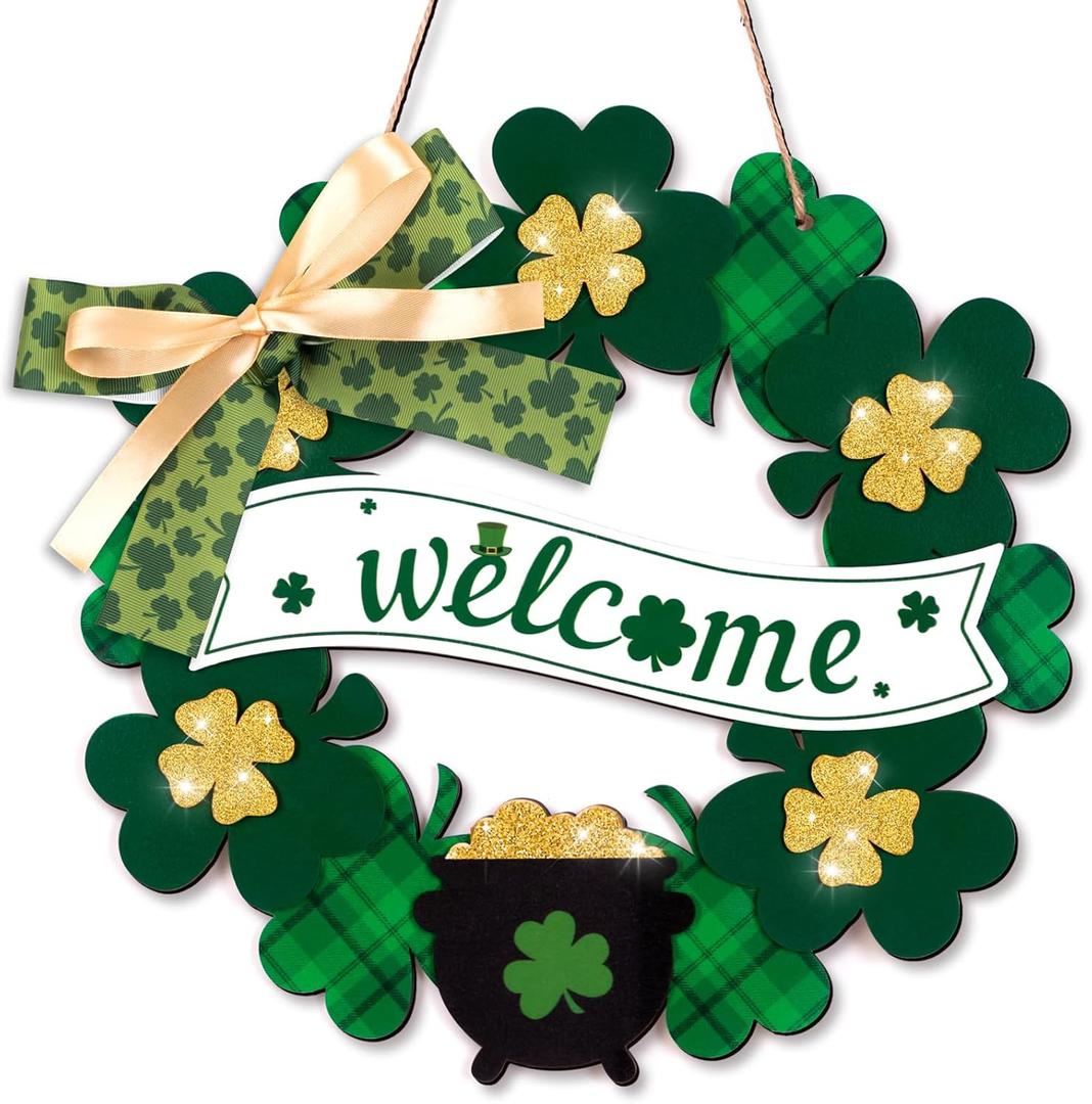 St Patricks Day Decorations Welcome Wreaths for Front Door Decor - Shamrock Sign with Bow for Irish March Home Wall Porch