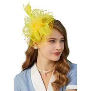 Cizoe Fascinators Hat for Women Tea Party Headband Kentucky Derby Wedding Flower Cocktail Mesh Feathers Hair Clip (1-yellow)