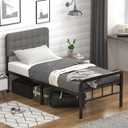 EMODA 16 Inch Twin XL Bed Frames with Upholstered Headboard and Metal Footboard, Heavy Duty XL Twin Metal Bed Frame, No Box Spring Needed, Easy Assembly