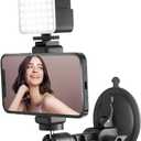 Suction Cup Mirror Phone Holder with Light, Travel Wall Phone Camera Mount for Makeup Content Creator Essentials, Mirror Tripod for Bathroom Kitchen Compatile with All Smooth Surface (Black)