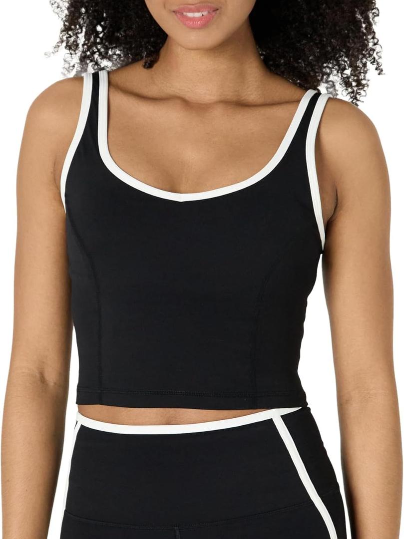 Amazon Essentials Women's Active FormFlex Buttery Soft Light Support Crop Tank with Bra and Contrast Trim, Black/White, X-Large