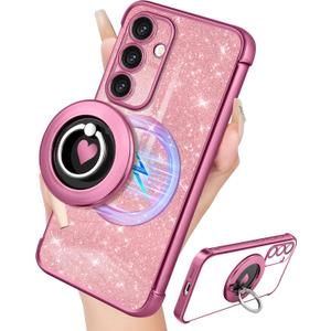for Samsung Galaxy S24 Case - Women Glitter Bling Compatible with MagSafe Ring Stand Magnetic Phone Case Cute Girls Sparkly Luxury Elegant Girly Design for Samsung S24 Cases (Shine Pink)