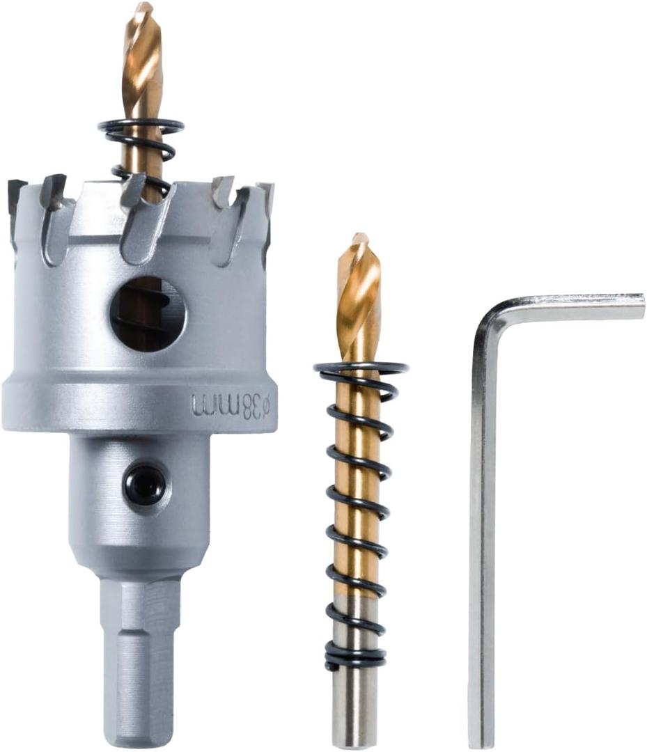 POWERTEC 1-1/2" Tungsten Carbide Hole Saw for Soft & Hard Metal | Tungsten Carbide Tipped Hole Cutter Set with Titanium-Plated Pilot Drill Bit for Metal, Stainless Steel, Iron, Wood, Plastic (14904)