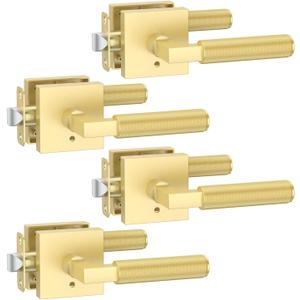 FILTA 4 Pack Gold Privacy Door Handles, Knurled Door Levers Interior Champagne Bronze Door Lever Bathroom Door Knobs Heavy Duty Square Door Lock