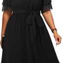 Pinup Fashion Plus Size Dresses for Wedding Guest - Semi Formal Cocktail Chiffon Keyhole Neck Knee Length Dress (Black), 20