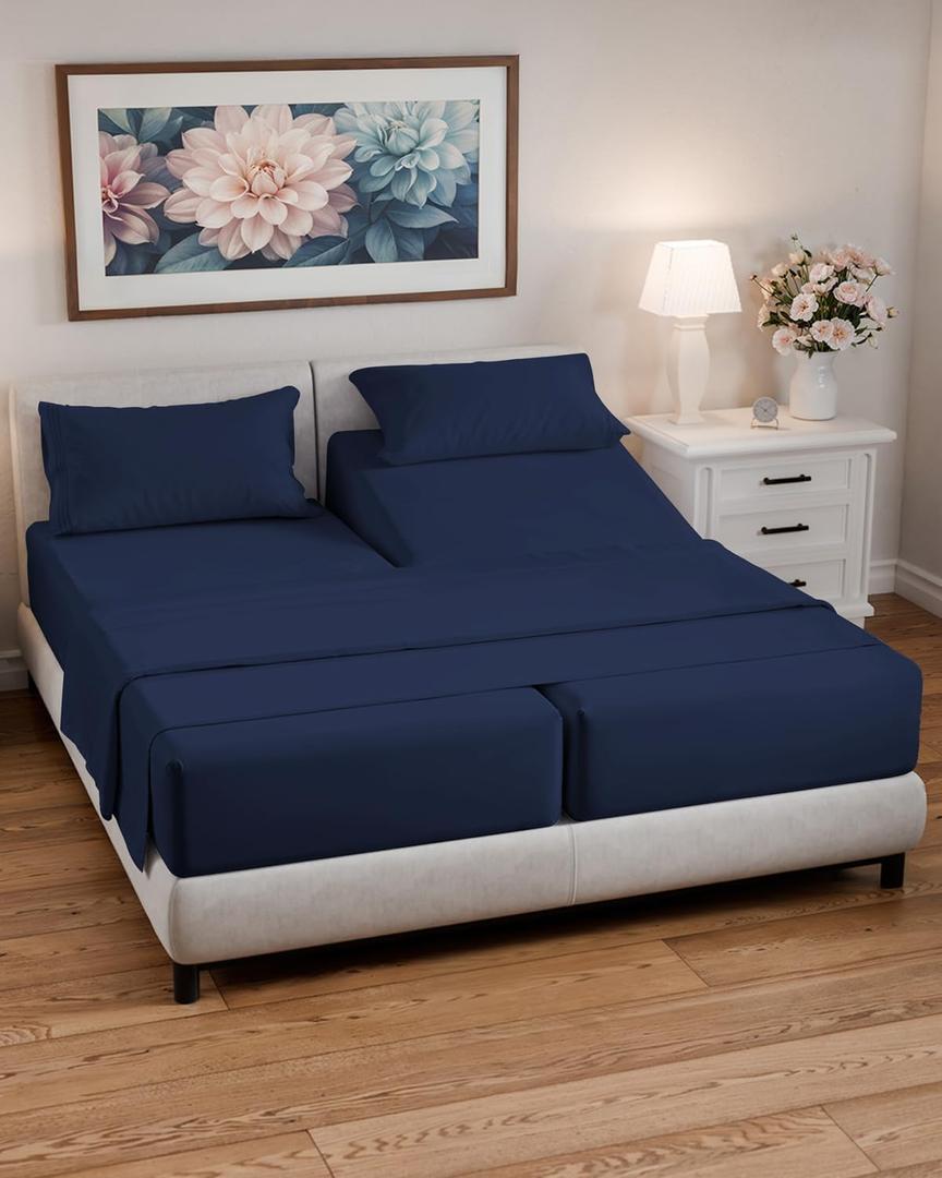 Split California King Bed Sheet Set - 5 Piece Split Cal King Size Sheets - Ultra-Soft, Breathable & Cooling - Comfy, Wrinkle & Fade Resistant - Fits 8" to 16" Inch Mattress w/ Deep Pockets - Navy Blue