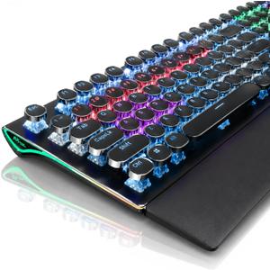 RK ROYAL KLUDGE S108 Typewriter Mechanical Keyboard, Wired Full Size with Number Pad, Round Retro Keycaps, Detachable Wrist Rest, Blue Switch, Rainbow Backlit, Black