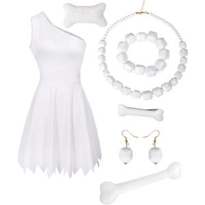 Drofe The White Dress Set Includes A Dress, Necklace, Bracelet, Earrings, Hair Clip, Brooch, And Bone-Shaped Toy (Middle)