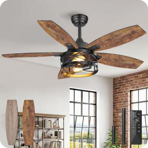 42 Inch Farmhouse Ceiling Fan with Lights and Remote, Timer, Dual Finish 5 Blades (Rustic Brown and Oak), 6 Speeds, Reversible DC Motor, Rustic Brown Caged Ceiling Fan for Bedroom FB04CF4205