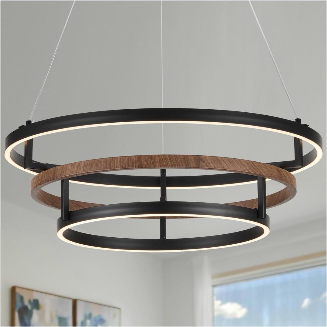 modern24 inch led Ring Chandelier Black Chandelier Dining Room Light Fixture with Remote Control Suitable for Kitchen, Dining Room, Bedroom, Living Room, 3000K-6500K