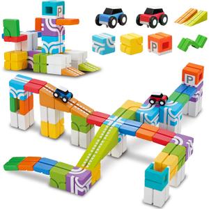 QBI Magnetic Building Blocks Car Track Set, 46PCS STEM Learning Toys for Kids Ages 4-8, Sensory Magnetic Blocks with 2 Push-and-go Cars | Educational Montessori Magnet Cubes for Boys & Girls (4 Years Old (46 Pieces))