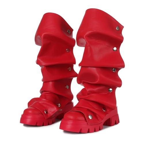 VOMIRA Red Platform Boots for Women Round Toe Chunky Stacked Heel Pleated Ruched Pull On Wide Calf Fold Over Boots Detachable Snap-off Panel Mid Calf Slouchy Boots, Size 6
