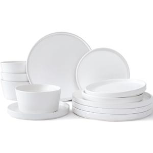 UMINEUX Ceramic Dinnerware Set for 4, 12-Piece Plates and Bowls Set for Kitchen and Dining, Modern Dishes Set, Dishwasher & Microwave Safe, White