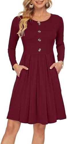 AUSELILY Women's Long Sleeve Dress Button Front Winter Pleated Solid Color Ruffle A Line Knee Length Dresses 2025 New (XL)