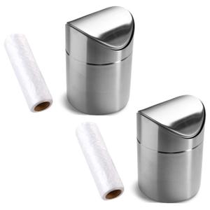 ZHOUWHJJ 2 Packs Mini Countertop Brushed Stainless Steel Swing Lid Trash Can Set, Come with Trash Bag, 1.5 L / 0.40 Gal, Silver