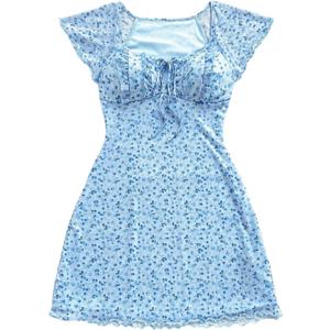 WDIRARA Women's Floral Square Neck Ruffle Sleeve Dress Vacation Short Dresses (M)