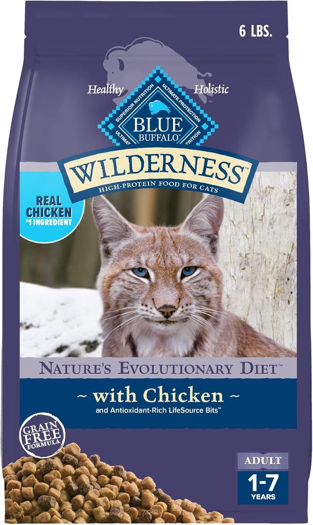 Blue Buffalo Wilderness Nature's Evolutionary Diet High-Protein, Grain-Free Natural Dry Food for Adult Cats, Chicken, 6-lb. Bag (6 Pound (Pack of 1)), No BB Date