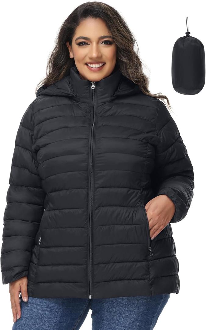 ROYAL MATRIX Women's Plus Size Puffer Jacket with Hood, Packable Lightweight Quilted Travel Outwear Puffer Coat with Pockets (4X, Black)